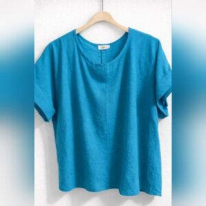 entro Teal Blue Short Sleeve Linen Blend Top